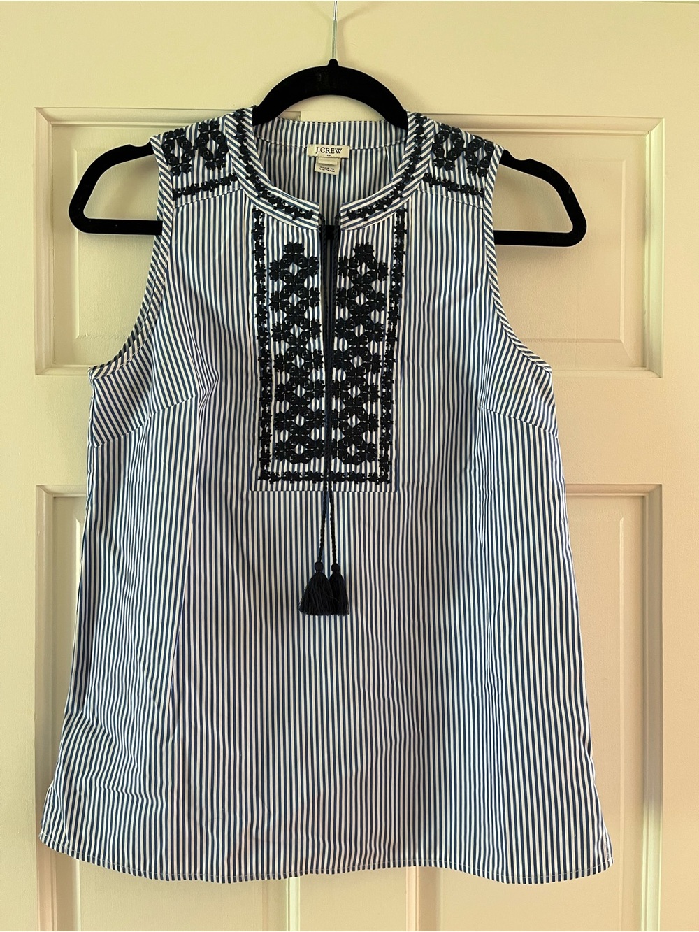 J. Crew Navy and White Striped Sleeveless Embroidered Camisole